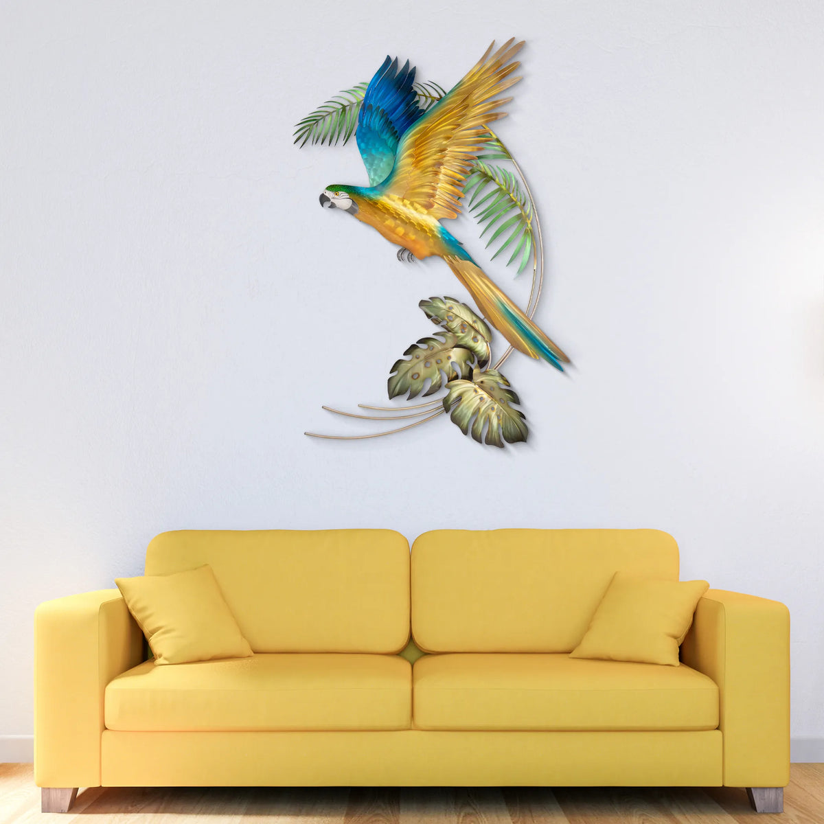 Tropical blue & gold macaw stainless steel wall art, 33 inch x 47 inch, additional view 2