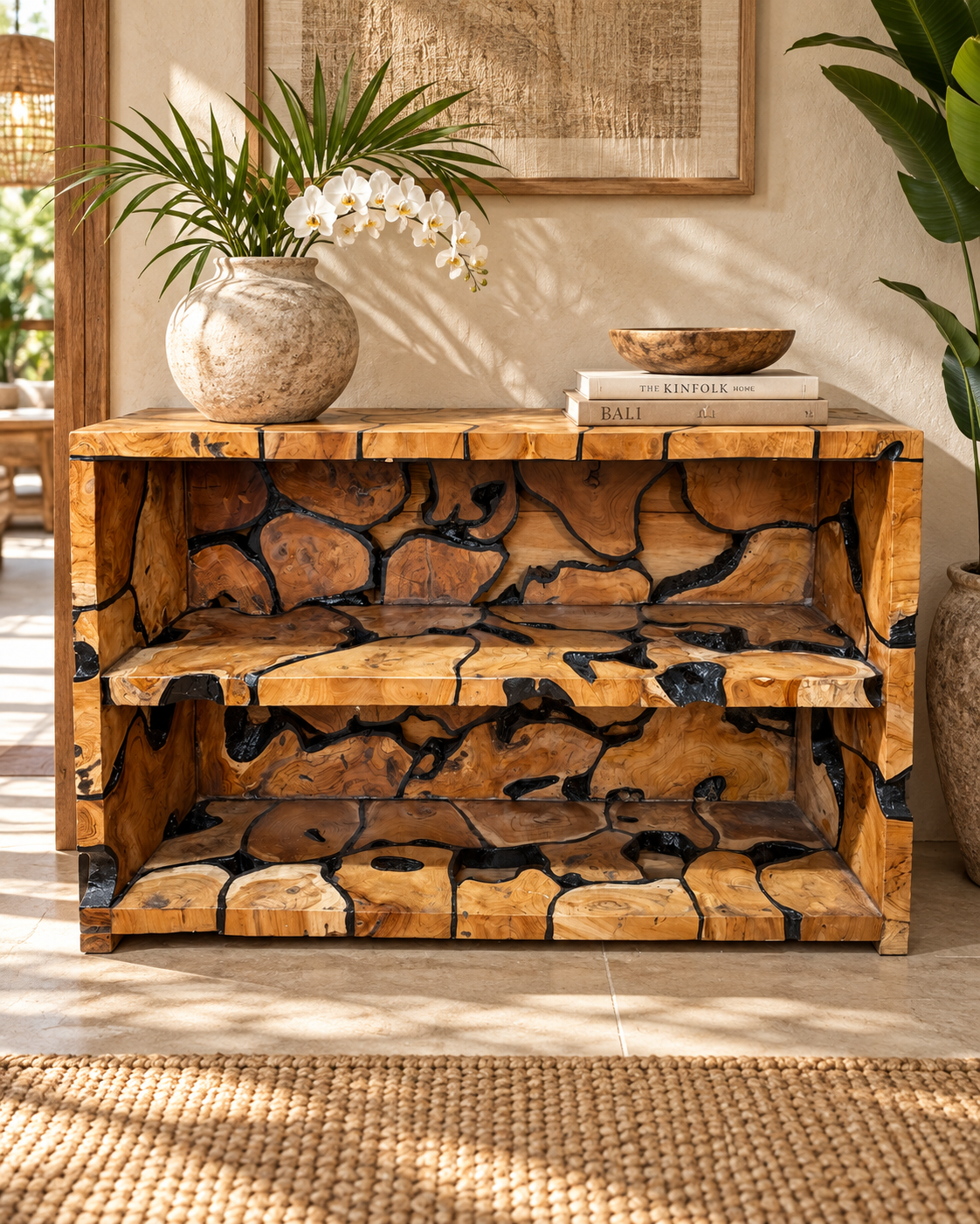 Handmade Bali Teak Mosaic Console Table with Shelf – 47”