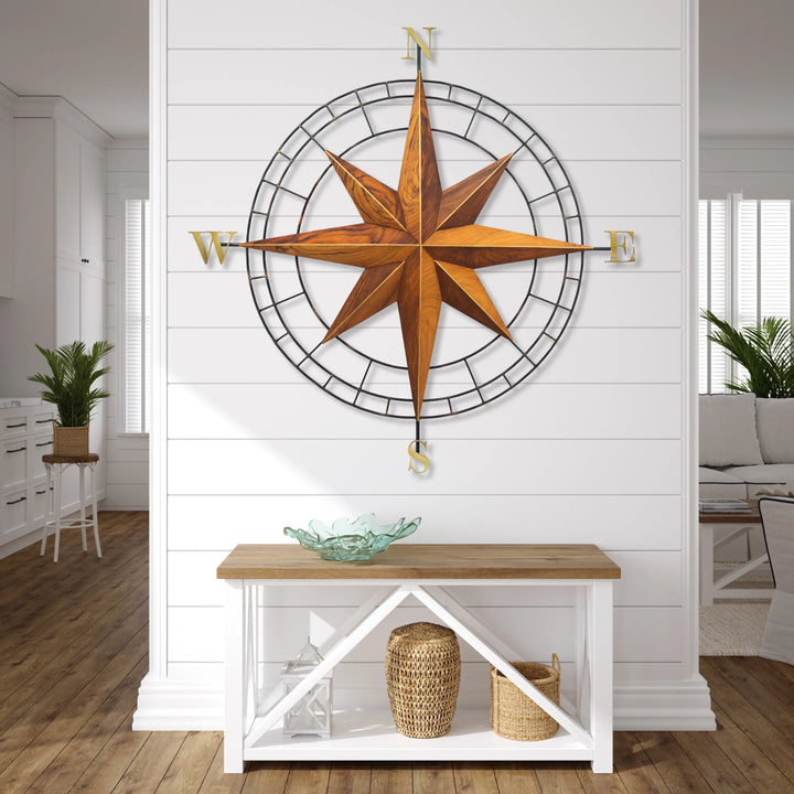 Hand-carved teak compass rose wall art with stainless steel frame, 30 inch, additional view 2