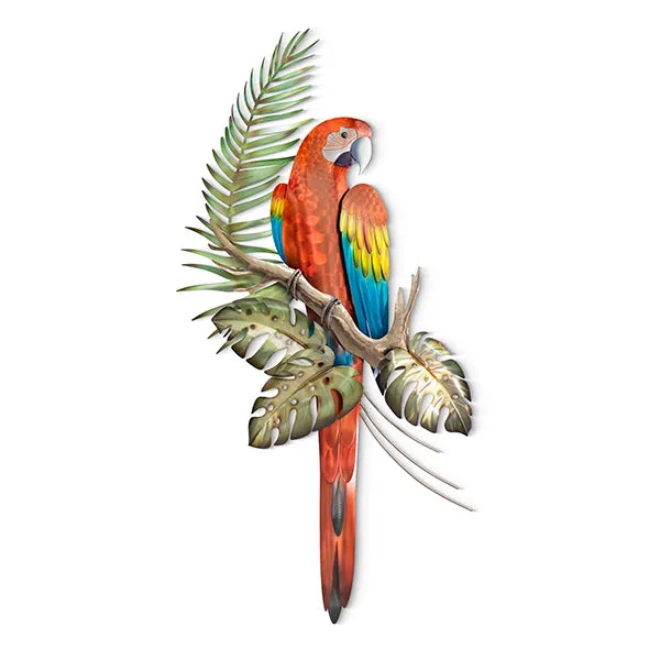 Tropical Scarlet Macaw on Branch Stainless Steel Wall Art – 23” x 44”