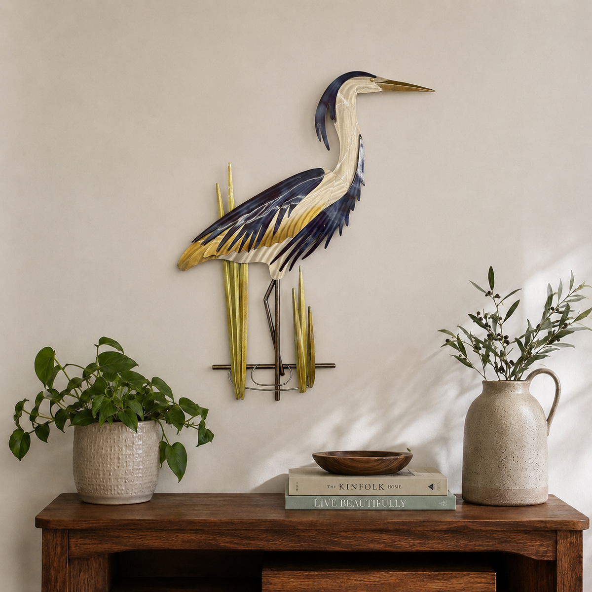 Blue heron up (face right/stainless steel)