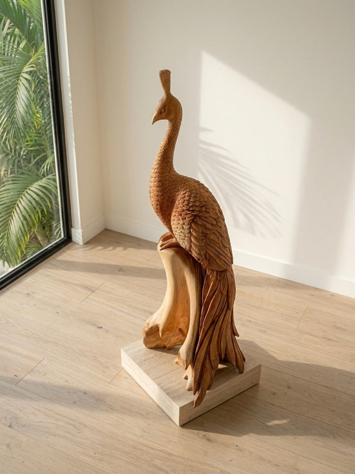 Hand Carved Teak Peacock Sculpture The Broward Design Center