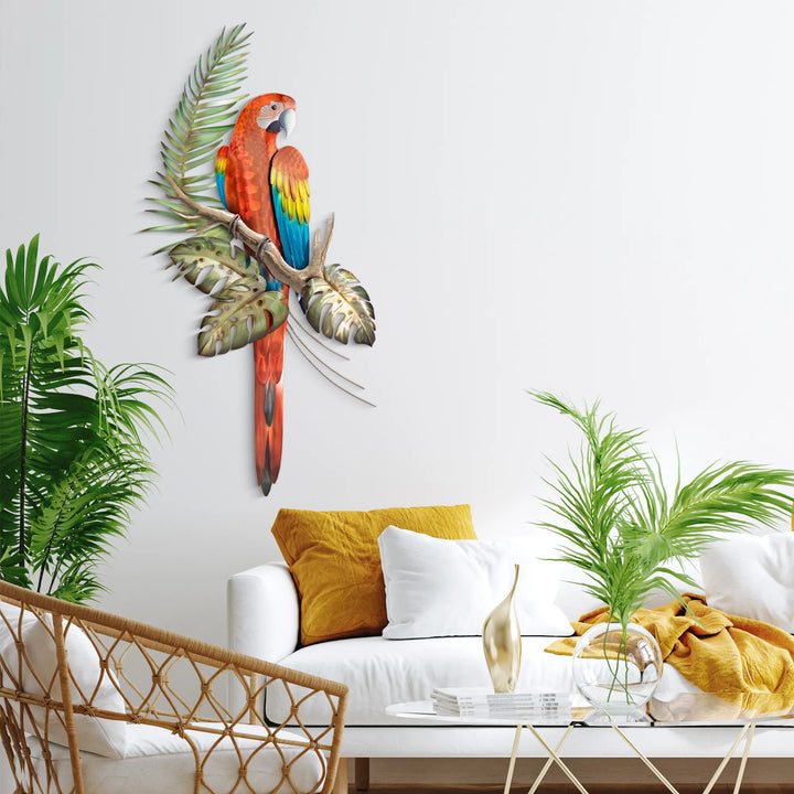 Tropical scarlet macaw on branch stainless steel wall art, 23 inch x 44 inch, additional view 2