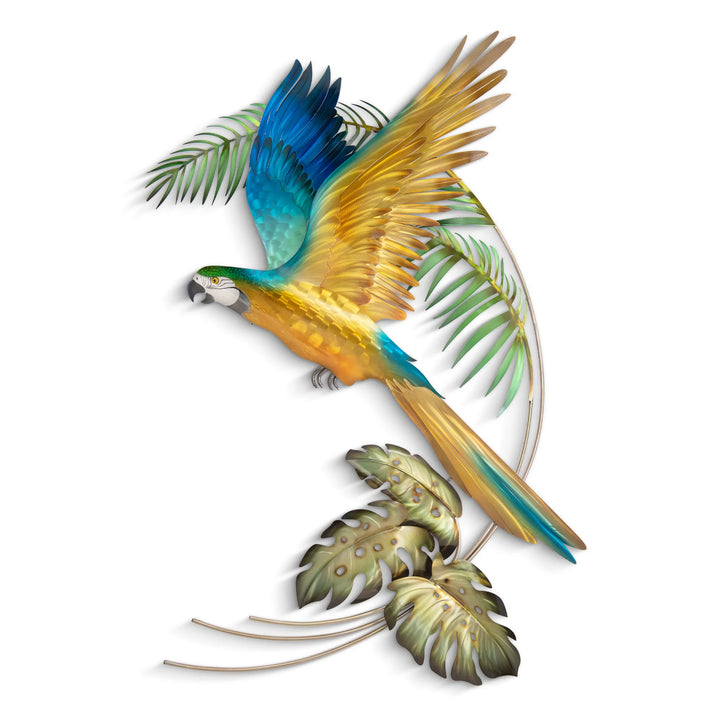 Tropical blue & gold macaw stainless steel wall art, 33 inch x 47 inch