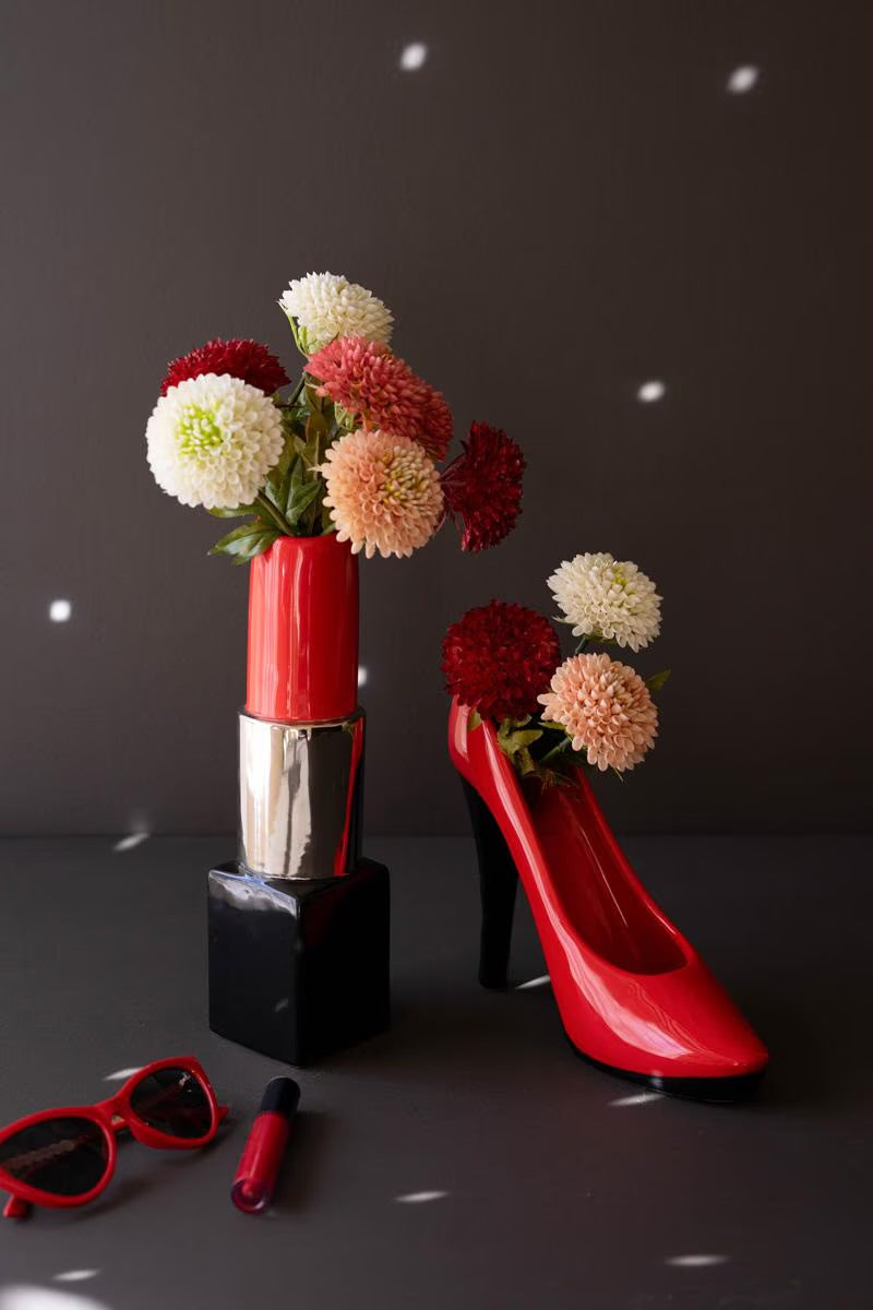 Set of Two Ceramic Lipstick and High Heel Vases