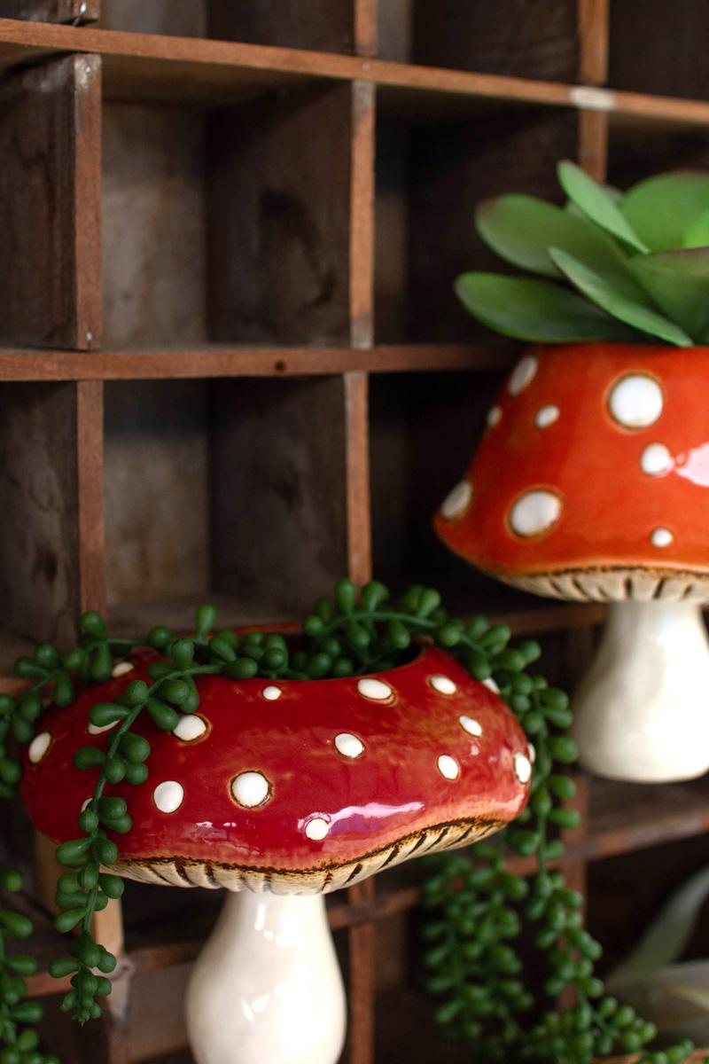 Set of Two Ceramic Toadstool Wall Planters