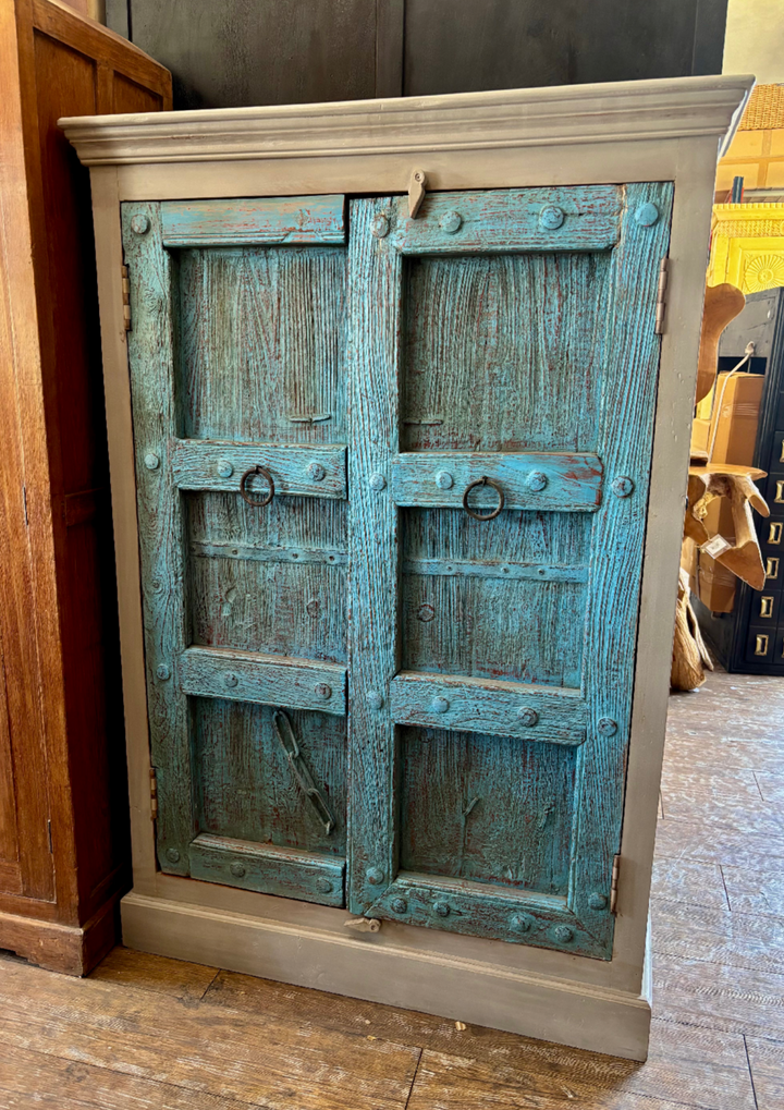 Turquoise reclaimed wood door cabinet, additional view 3