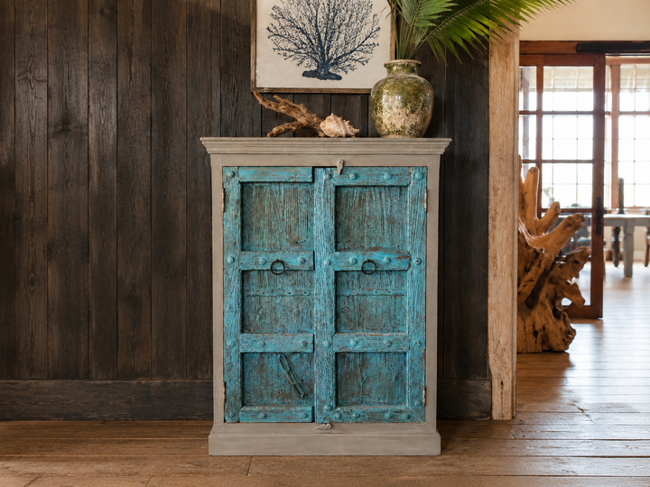 Turquoise reclaimed wood door cabinet