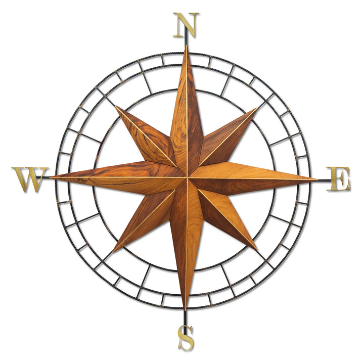 Hand-carved teak compass rose wall art with stainless steel frame, 30 inch