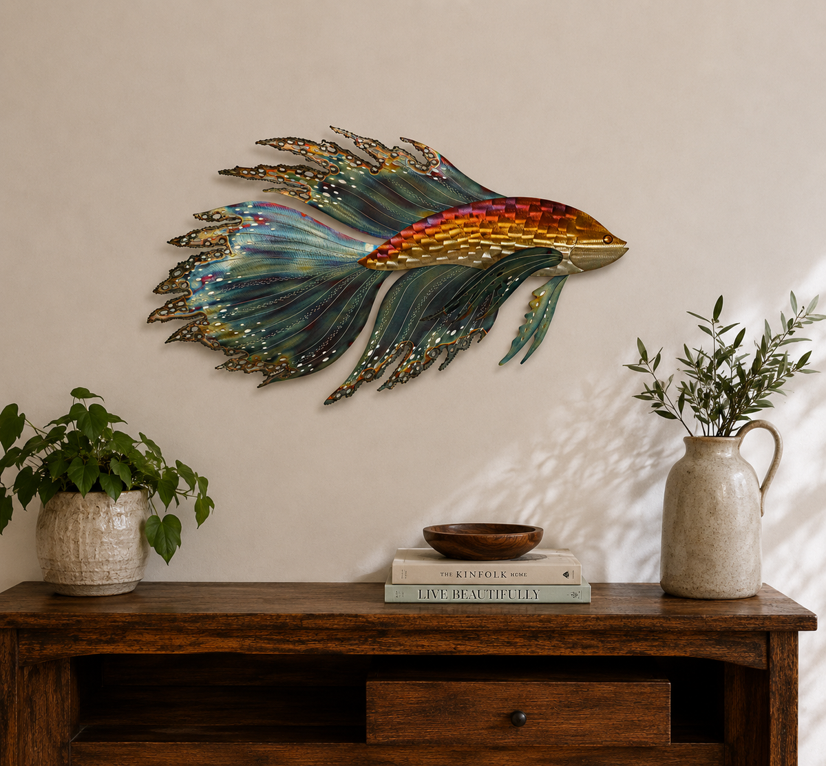 Fighting fish raku-style sculpture, facing left